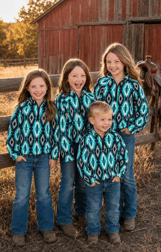 Four children standing together in front of a rustic red barn and wooden fence, wearing matching turquoise, black, and white geometric patterned quarter-zip fleece jackets and blue jeans.