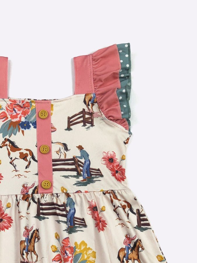 Cowgirl Horse Floral Dress with Ruffle Sleeves - Kids Western Blue / 4T Cowgirl Horse Floral Dress with Ruffle Sleeves - Kids Western Blue / 4T