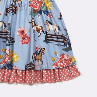 Cowgirl Dress with horse and floral pattern on a light blue background