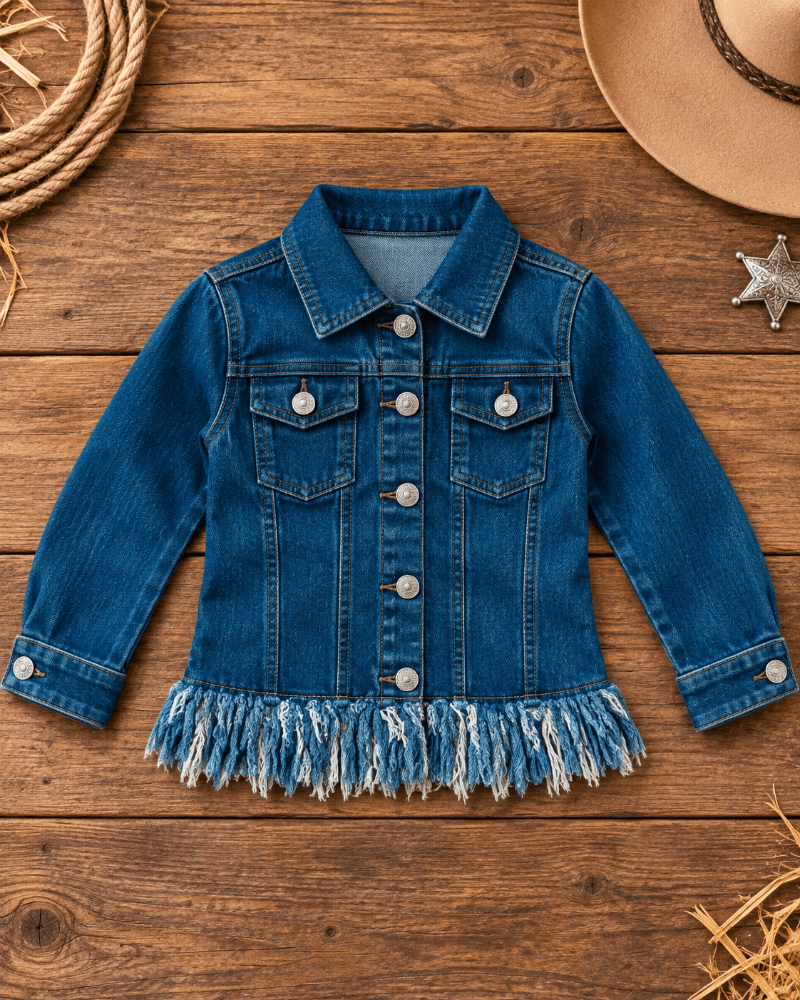 A blue denim jacket for toddlers or kids, featuring a fringed hem and silver-tone buttons, laid flat on a rustic wooden background with western-themed props like a cowboy hat, rope, and a star.
