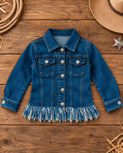 A blue denim jacket for toddlers or kids, featuring a fringed hem and silver-tone buttons, laid flat on a rustic wooden background with western-themed props like a cowboy hat, rope, and a star.