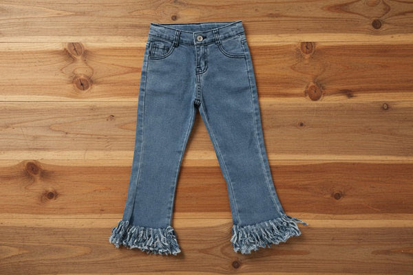 Light Blue Fringe Flare Jeans for Girls with Adjustable Waistband