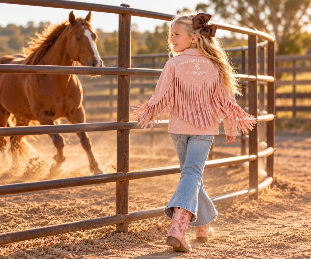 A young girl wearing a pink fringed western-style jacket, blue jeans, and pink boots walks beside a metal fence in a dusty ranch paddock, with a brown horse running in the background.