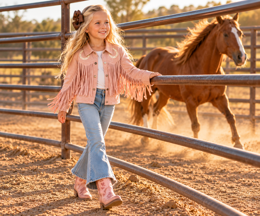 A young girl stands in a dusty horse paddock wearing a light pink fringed western jacket, blue jeans, and pink boots, with a brown horse running in the background behind metal rails.