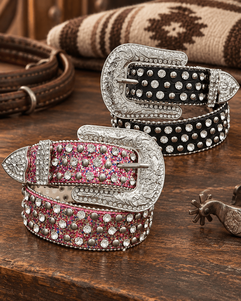 Two western-style studded belts displayed on a rustic wooden table, one with a silver buckle and pink glitter body, and the other with a silver buckle and black glitter body. A spurs and rolled blanket are visible in the background.