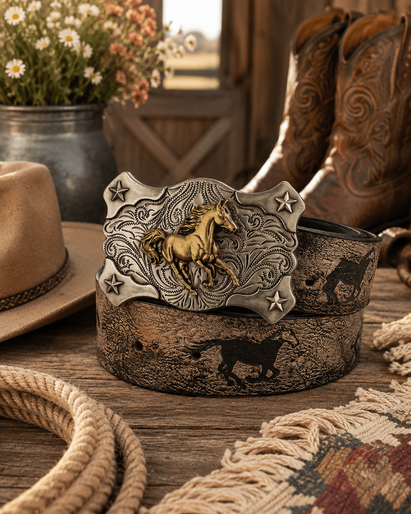 A western-style leather belt with an ornate engraved buckle featuring a horse and stars, displayed on a rustic wooden surface with cowboy boots, a hat, rope, flowers, and a blanket in the background.