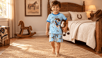 A smiling young boy stands barefoot in a rustic bedroom, wearing a light blue western-themed pajama shirt and matching shorts with cowboy prints. He is holding a plush toy horse, with a wooden bed, rocking horse, and warm sunlight in the background.