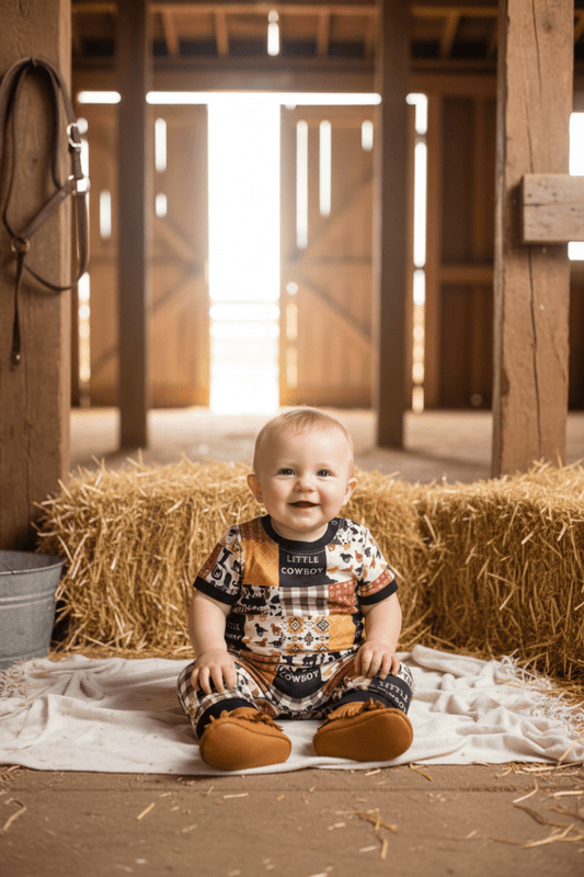 Baby sitting on hay in a barn