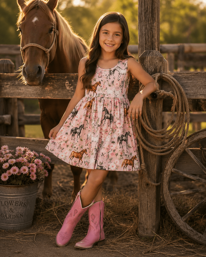 Young girl in a horse-themed dress standing next to a horse in a rustic setting.