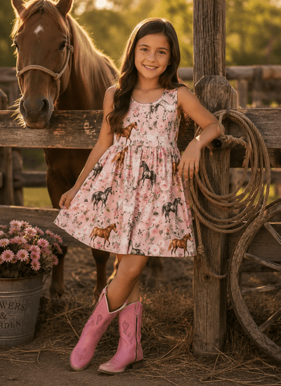 Charming Pony Print Sleeveless Cowgirl Dress for Little Western-Themed Girls