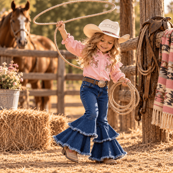 Double Trouble Girls' Denim Bell Bottom Jeans – Western Flare Pants