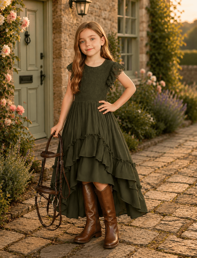 Young girl in a green dress and brown boots standing on a cobblestone path with flowers and a building in the background.