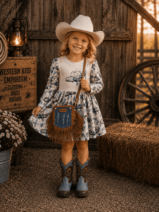 A young girl stands in a rustic barn-like setting wearing a white cowboy hat, a blue-and-white floral long-sleeve dress, blue cowboy boots, and holding a brown fringe crossbody bag with a blue front pocket. The background includes a wooden wall, lantern, sign reading Western Kids Emporium, a wagon wheel, and hay bales.