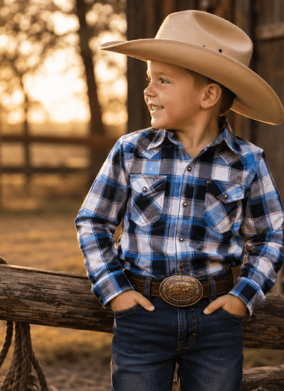 Tiny Wrangler's Blue Rodeo Ready Long-Sleeved Plaid Snap Shirt - Boys Western Wear Toddler Cowboy Plaid Shirt
