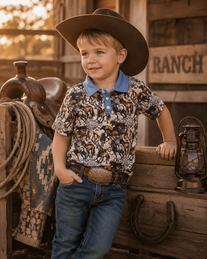 Young boy in cowboy attire standing in front of a wooden sign with 'RANCH' on it.