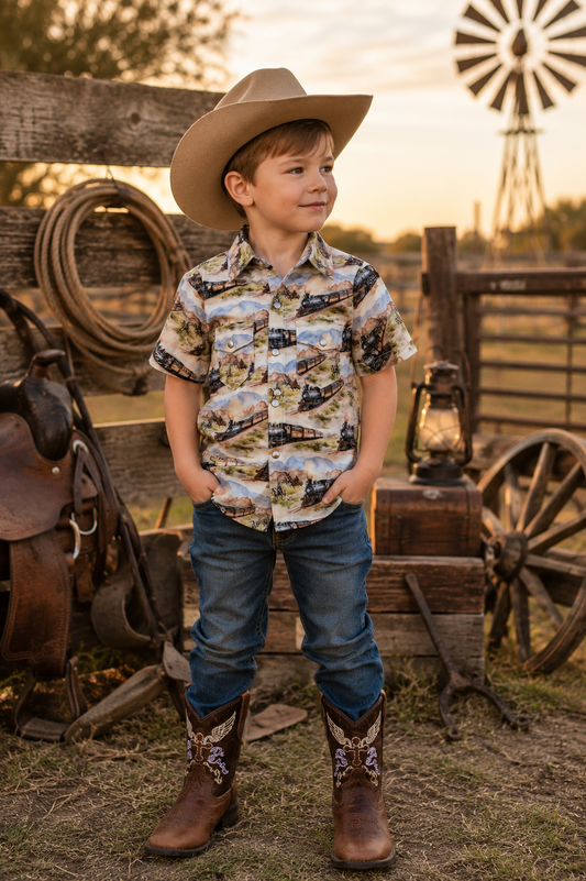 Young boy in cowboy clothing standing in a rustic outdoor setting with a windmill in the background.