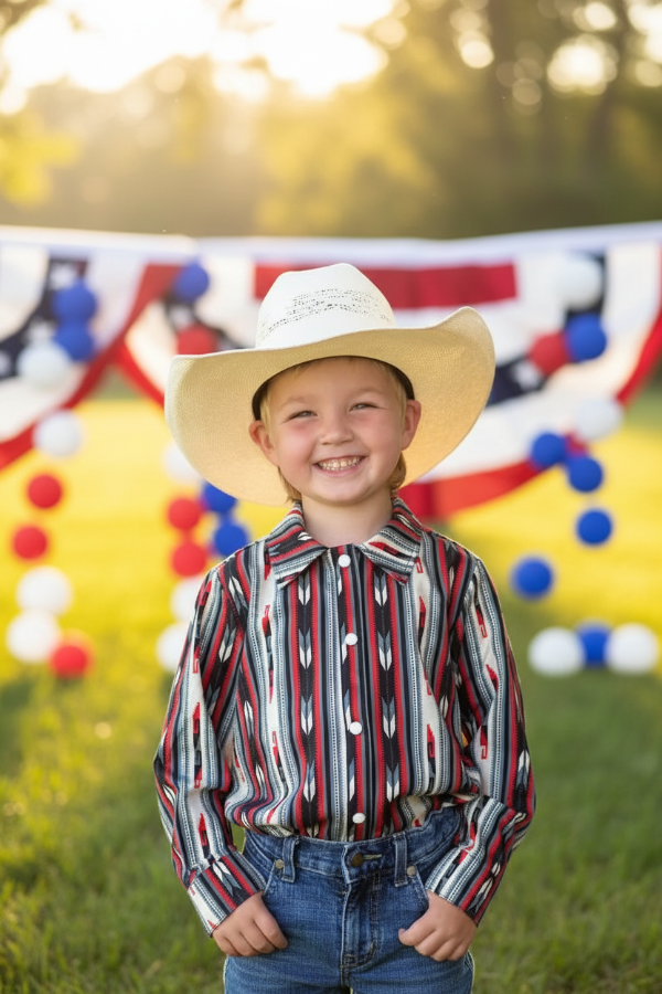 Little cowboy in red, black and white western shirt