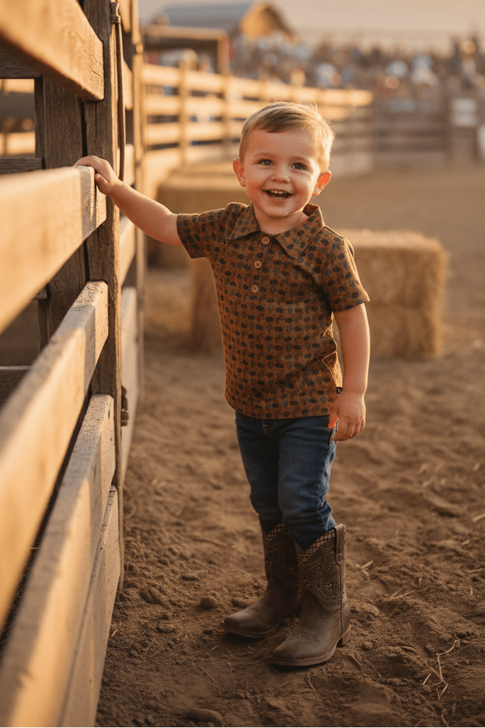 Little Cowboy in polo shirt at rodeo