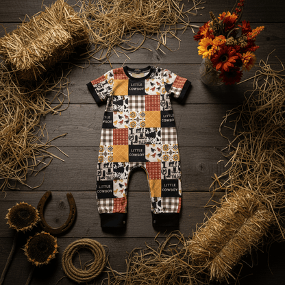 Children's romper with cowboy pattern on a wooden surface with hay and flowers.