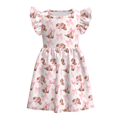 Dress with pink and brown floral pattern on a white background