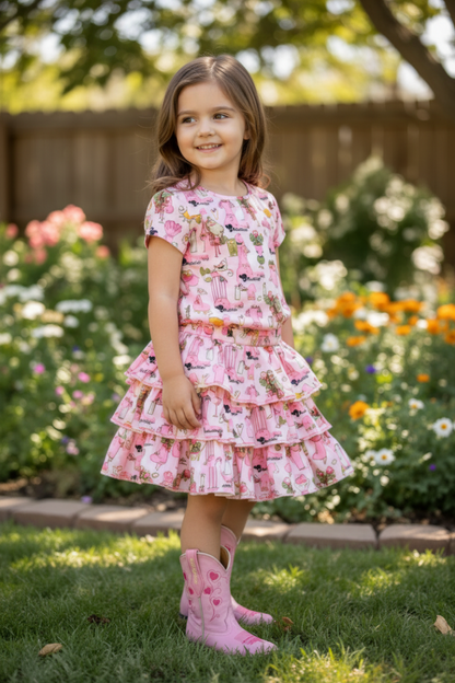 Little cowgirl in a pink boots skort set