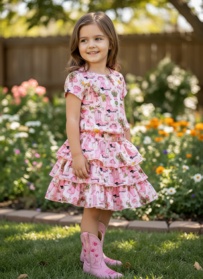 Girls Western Cowgirl Crop Top & Tiered Skort Set