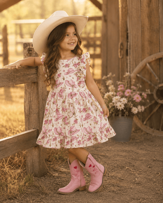 Young girl in a western floral dress and cowboy hat standing near a wooden fence with flowers in the background.