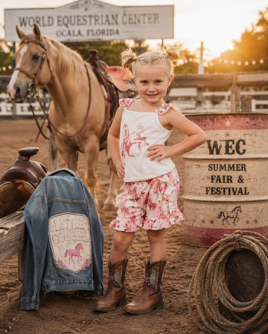 Young girl in a cowgirl short set standing next to a horse at the World Equestrian Center in Ocala, Florida.