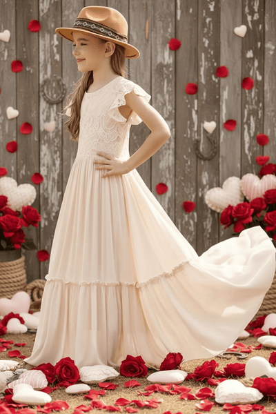 Western Floral Lace Maxi Dress for Girls — Elegant Cowgirl Dress