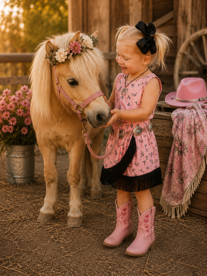 Young girl in a pink fringe outfit with a pony in a rustic setting