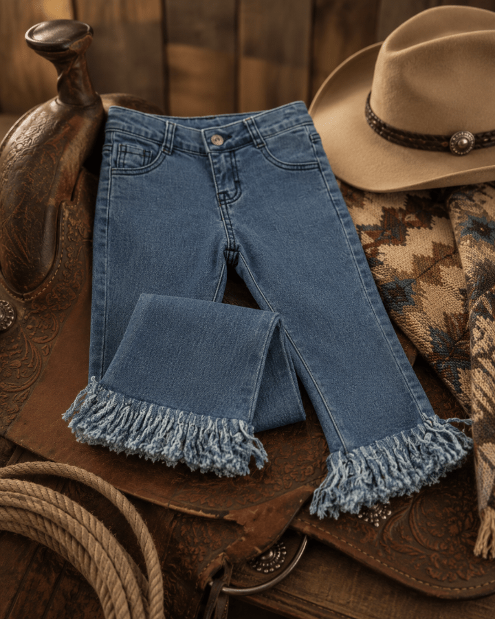 Blue jeans with fringe on a rustic horse saddle with a cowboy hat and lasso.