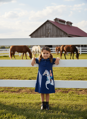 Young girl in a blue dress with a horse design standing in front of a white fence with horses in the background.
