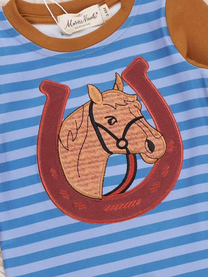 Children's shirt with horse and horseshoe design on a blue and brown striped background
