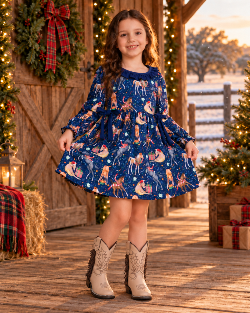 Girl wearing a navy Christmas horse print dress with beige TuffRider fringe boots on a decorated ranch porch with light snow in the background.