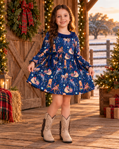 Girl wearing a navy Christmas horse print dress with beige TuffRider fringe boots on a decorated ranch porch with light snow in the background.