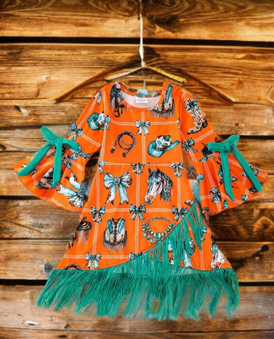 Orange Bell Sleeve Western Dress with Teal Fringe