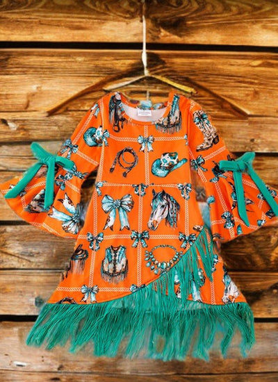Orange Bell Sleeve Western Dress with Teal Fringe
