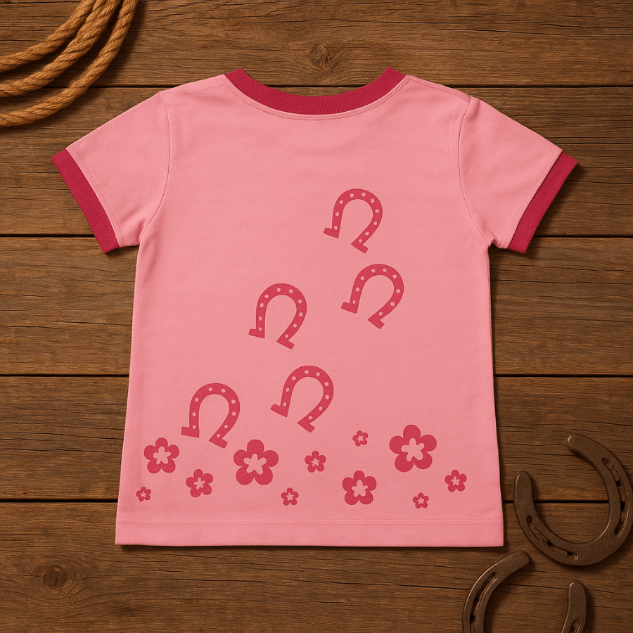 Pink horse t-shirt with horseshoe designs on a wooden surface
