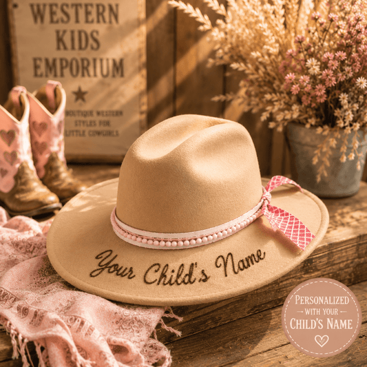 A beige wide-brim cowboy hat with 'Your Child's Name' embroidered on the brim, decorated with a pink and white beaded band and a pink patterned ribbon. The hat is styled on a rustic wooden table with a pink fringed scarf, cowboy boots, dried flowers, and a western-themed sign.