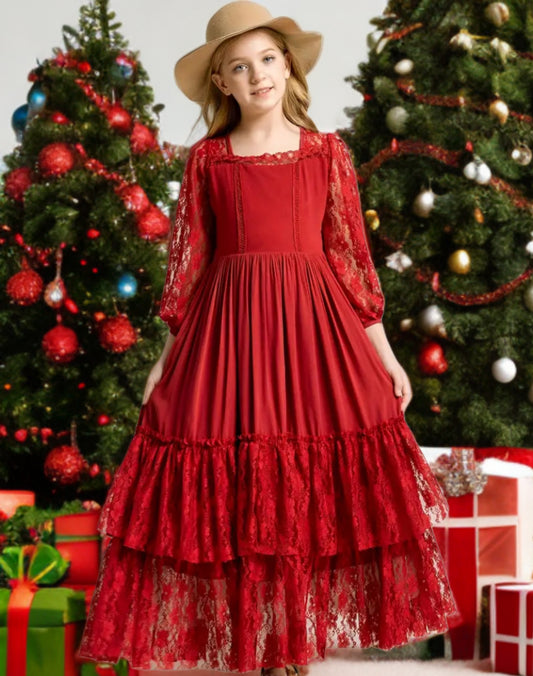 Red Canyon Lace Long-Sleeve Tiered Dress