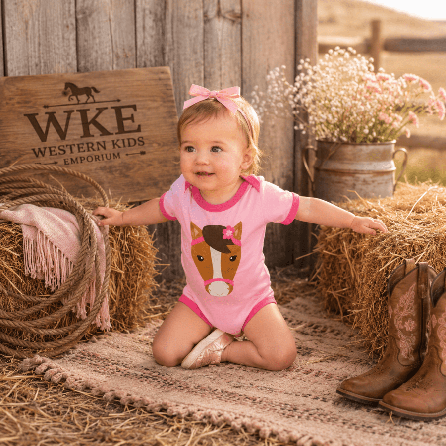 A toddler girl wearing a pink short-sleeve romper with a horse graphic sits on a straw rug in a rustic western-themed setting. She has a pink bow in her hair, with hay bales, cowboy boots, and a wooden sign reading 'WKE Western Kids Emporium' in the background.
