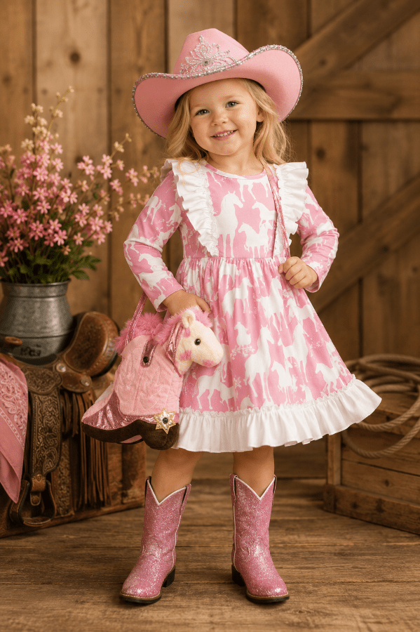 A young girl stands in a rustic barn-like setting wearing a pink and white patterned long-sleeve dress with ruffled trim, a matching pink cowboy hat, pink glittery cowboy boots, and carrying a pink stuffed horse and matching bag.
