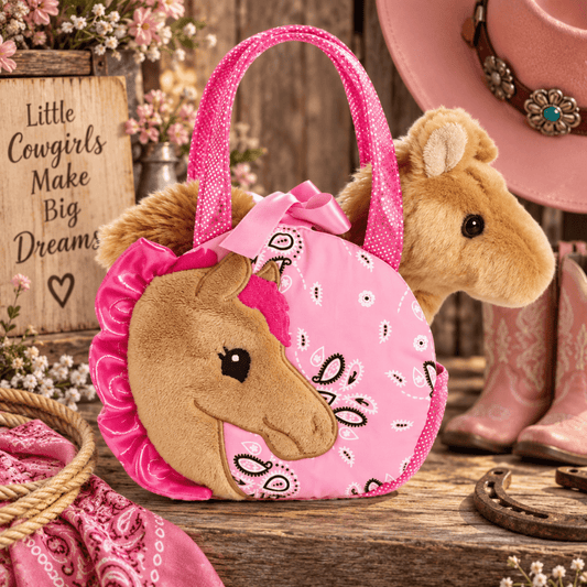 A pink plush horse-shaped handbag with glittery pink handles and a bow, styled on a rustic wooden surface with cowgirl-themed props including a cowboy hat, boots, horseshoe, and bandana.