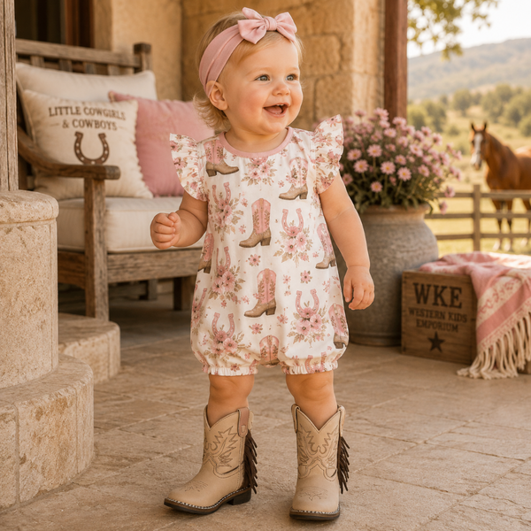 Pink Cowgirl Boots Baby Cotton Bubble Romper