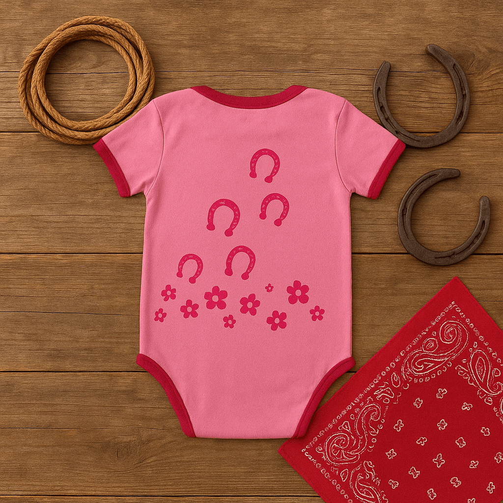 Pink baby onesie with horseshoe pattern on a wooden surface with rope and bandana.