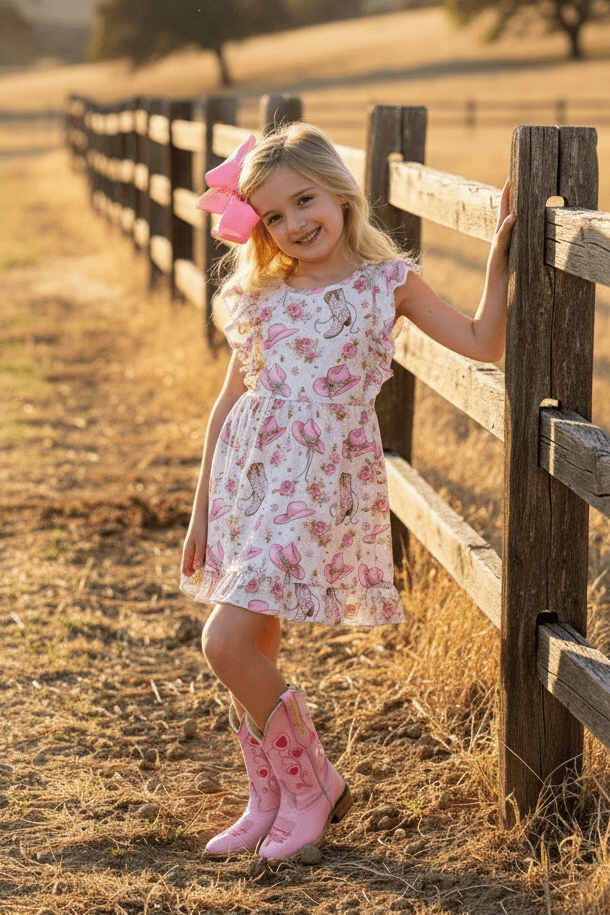 Young girl in a floral dress and pink boots standing by a wooden fence on a rural landscape.