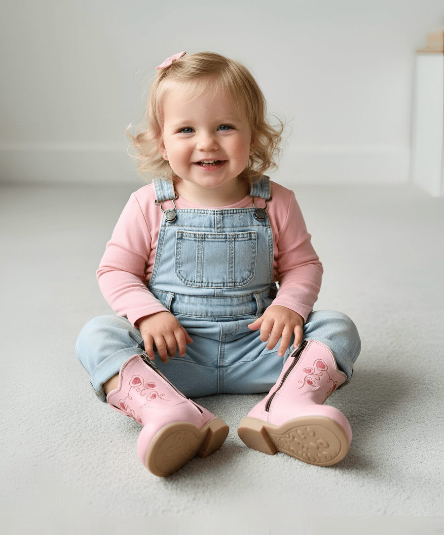 Child wearing pink shirt, denim overalls, and pink boots sitting on a light-colored floor.