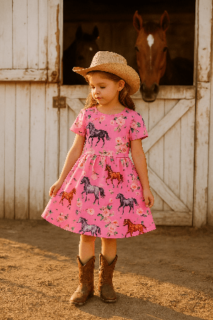 Young girl in a pink dress with horse prints standing in front of a barn with horses.