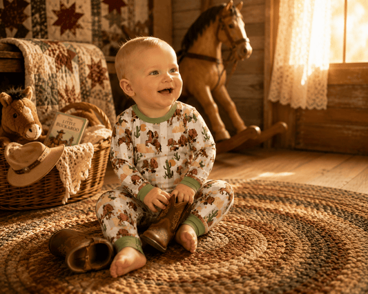 A baby sitting on a woven rug in a rustic room, wearing a white long-sleeve pajama set with a brown cowboy and cactus print. A matching boot is placed beside the baby, with a wicker basket, quilt, and rocking horse visible in the background.