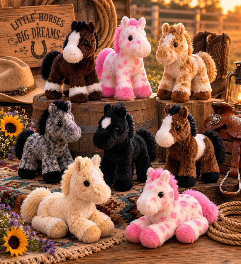 Collection of plush toy horses on a rustic wooden background with decorative elements.